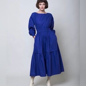 Apiece Apart Estrella Dress XL Royal Blue Organic Cotton Long Sleeve Midi Dress